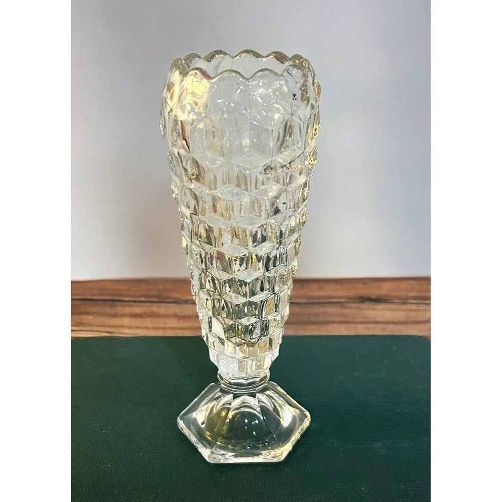 Vintage Fostoria American Cubist Bud Vase Cupped Clear Glass MCM UV Light React